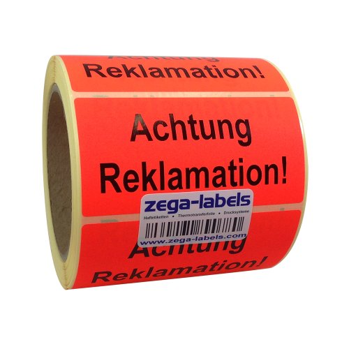 Warnetiketten auf Rolle - Achtung Reklamation - 500 Stück je Rolle - 100 x 50 mm - Leuchtrot Haftpapier stark haftend - Versandaufkleber Warnetiketten auf Rolle - Achtung Reklamation - 500 Stück je Rolle - 100 x 50 mm - Leuchtrot Haftpapier stark haftend - Versandaufkleber von zega-labels