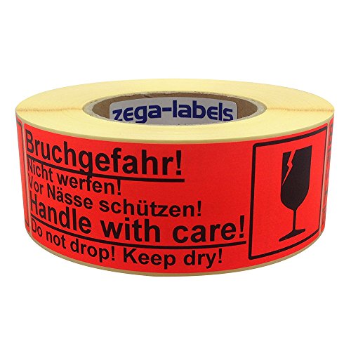 zega-labels Warnetiketten auf Rolle - Bruchgefahr - Handle with care - 500 Stück je Rolle - 150 x 50 mm - Leuchtrot Haftpapier stark haftend - Versandaufkleber - Paketaufkleber von zega-labels