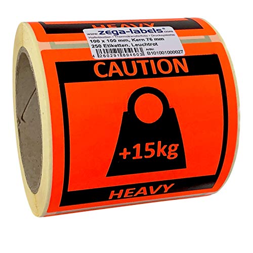 Warnetiketten auf Rolle - Caution Heavy +15kg für schwere Pakete - 250 Stück je Rolle - 100 x 100 mm - Leuchtrot Haftpapier - Versandaufkleber - Paketaufkleber für Amazon Vendor & FBA Fulfillment von zega-labels