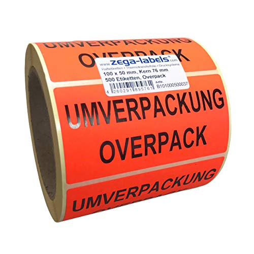 Warnetiketten auf Rolle - Umverpackung/Overpack - 500 Stück je Rolle - 100 x 50 mm - Leuchtrot Haftpapier stark haftend - Versandaufkleber von zega-labels