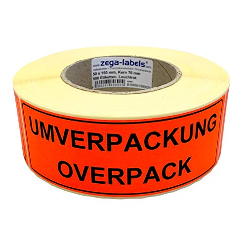 Warnetiketten auf Rolle - Umverpackung/Overpack - 500 Stück je Rolle - 150 x 50 mm - Leuchtrot Haftpapier stark haftend von zega-labels