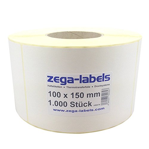 zega-labels Thermotransfer Etiketten - 100 x 150 mm - 1.000 Stück je Rolle - Kern Ø 76 mm - stark haftend - mit Perforation - Druckverfahren: Thermotransfer (Verwendung mit Farbband) von zega-labels