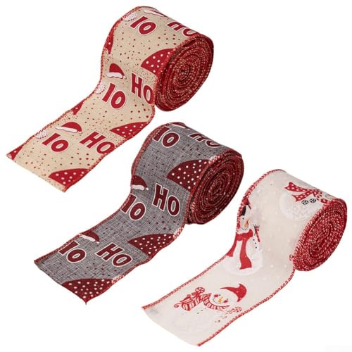 Zeroupshop Festlich bedrucktes Band, für Weihnachtsbaumdekoration, Blumengirlanden, Weihnachtskranz, Geschenkverpackung, Bastelarbeiten, Leinendraht, 6,3 x 50 cm, 3 Rollen (gemischte Farben) von zeroupshop