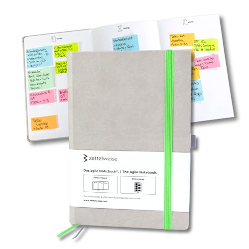 zettelweise - Das agile Notizbuch A5 | Mit integriertem Kanban Board | inkl. 300 Haftnotizen | ADHS Hilfsmittel | veganes Hardcover | 192 nummerierte Seiten | Notizbuch für To dos (Grau/Grün) von zettelweise