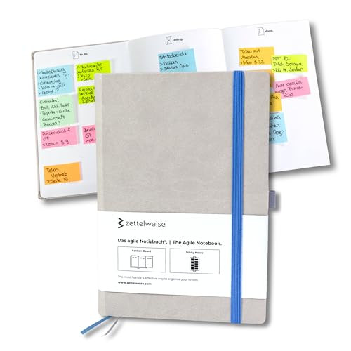 zettelweise - Das agile Notizbuch A5 | Mit integriertem Kanban Board | inkl. 300 Haftnotizen | ADHS Hilfsmittel | veganes Hardcover | 192 nummerierte Seiten | Notizbuch für To dos (Grau/Blau) von zettelweise