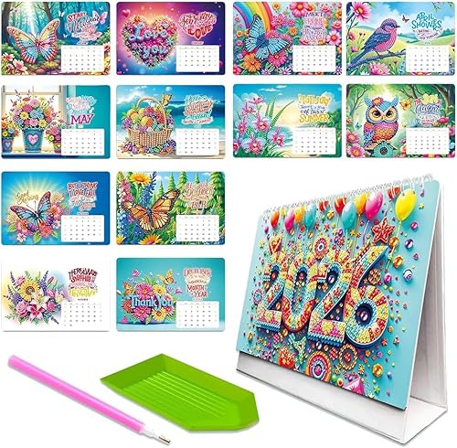 5D Diamond Painting Kalender 2026, DIY Diamant Malerei Calendar 2026 Tischkalender, Diamant Painting Tischkalender Tischdeko Paper Kalender Set (D) von zeyunty