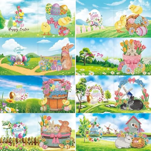 zeyunty 8Pcs DIY 5D Diamond Painting Grußkarte mit Umschlag, Diamant Malerei Ostern Karten Osterdeko, Diamant Painting Geschenkkarte Osterhase Ostereier Deko Osterkarten (8Pcs 03) von zeyunty