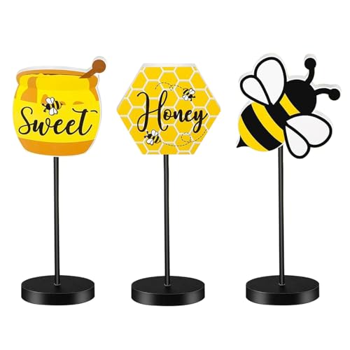 zjhukfmc Honigbienen-Tischdekoration, Tischschild aus Bienenholz,3 Stück Honig Holz Tischschild - Freistehender, rustikaler Bienen-Tischaufsatz, abgestuftes Sommer-Bienen-Tablett für eine von zjhukfmc