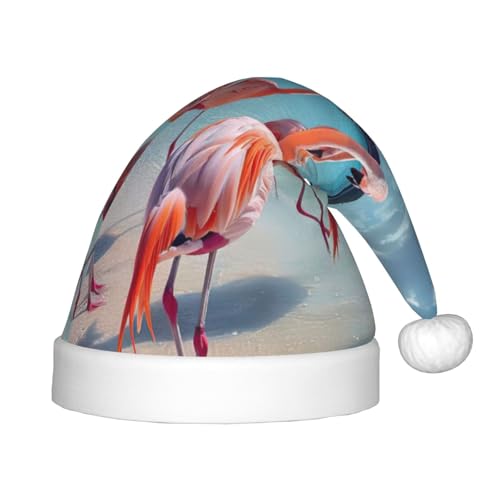 zkyfll Weihnachtsmann-Hut mit rosa Flamingo-Druck am Strand, kleine Größe, Weihnachtsgeschenke, lustiger Plüsch-Hut von zkyfll