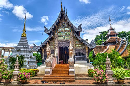 Tempel in Thailand Puzzle 1000 Teile Reisepuzzle mit hochwertiger Puzzleaufbewahrung: Pappschachtel und wiederverschließbarer Beutel. Puzzlemaße 26 x 38 cm von znwrr