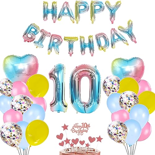 10. Geburtstag Deko Blau Regenbogen für Mädchen Junge Jungs,Herz Zahl Folienballon Happy Birthday Banner Luftballon Konfetti Ballons Tortendeko Kuchendeko Geschenk für 10 Jahre Kinder Party Dekoration von zooting