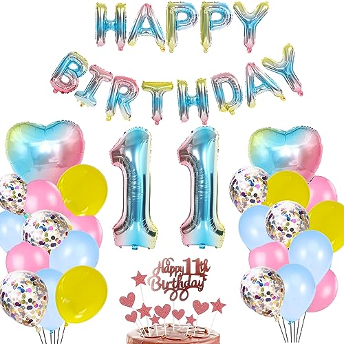 11. Geburtstag Deko Blau Regenbogen für Mädchen Junge Jungs,Herz Zahl Folienballon Happy Birthday Banner Luftballon Konfetti Ballons Tortendeko Kuchendeko Geschenk für 11 Jahre Kinder Party Dekoration von zooting
