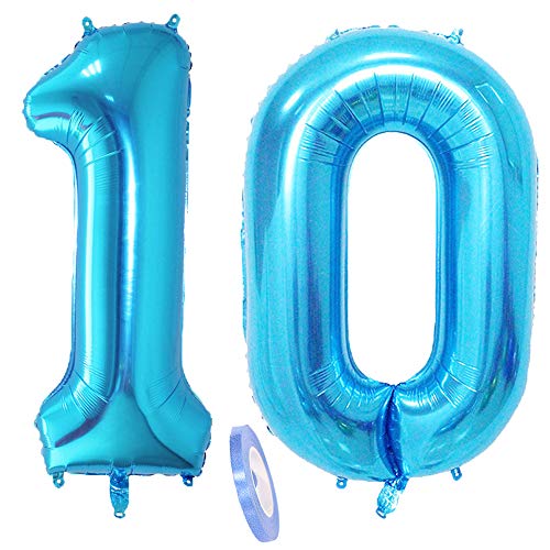 2 Luftballons Zahl 10, Nummer 10 Luftballon Blau Mädchen Junge Jungs,40" Aufblasbar Helium Folienballon Blue Ballons Figuren,Riesen ballon für Geburtstag Party Dekoration Abschlussball (xxxl 100cm) von zooting