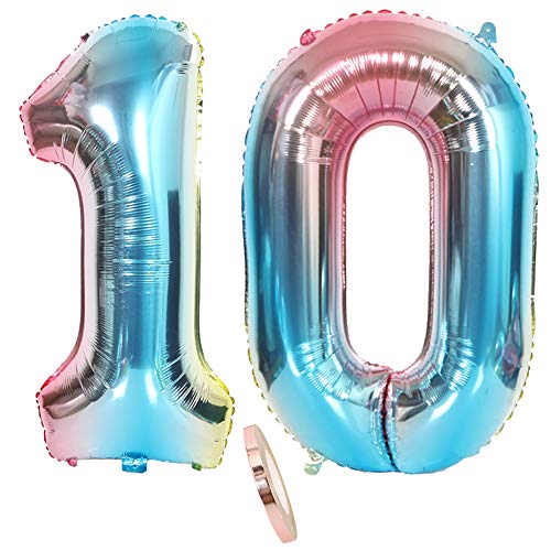 2 Luftballons Zahl 10, Nummer 10 Luftballon Regenbogen Mädchen Junge Jungs,32" Riesen Aufblasbar Helium Folienballon Blau Bunt Schillernde Ballons Figuren für Geburtstag Party Dekoration (xxxl 80cm) von zooting