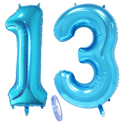 2 Luftballons Zahl 13, Nummer 13 Luftballon Blau Mädchen Junge Jungs,40" Aufblasbar Helium Folienballon Blue Ballons Figuren,Riesen ballon für Geburtstag Party Dekoration Abschlussball (xxxl 100cm) von zooting