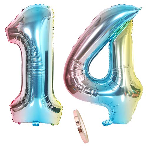 2 Luftballons Zahl 14, Nummer 14 Luftballon Regenbogen Mädchen Junge Jungs,32" Riesen Aufblasbar Helium Folienballon Blau Bunt Schillernde Ballons Figuren für Geburtstag Party Dekoration (xxxl 80cm) von zooting