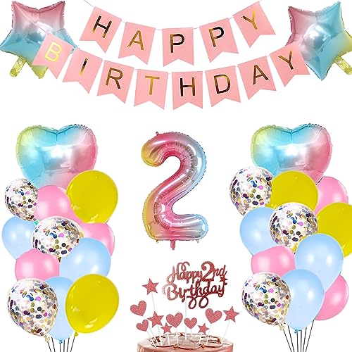 2. Geburtstag Deko Rosa Regenbogen für Mädchen, Stern Herz Zahl Folienballons Happy Birthday Banner Luftballon Konfetti Ballons Kuchendeko Geschenk für 2 Jahre Baby Kinder Tochter Party Dekoration von zooting