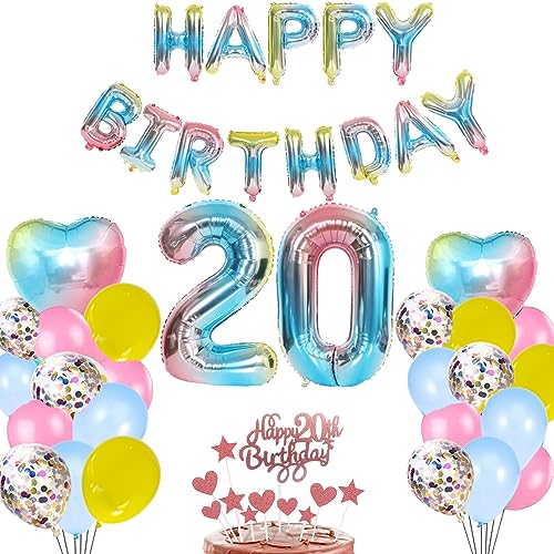 20. Geburtstag Deko Blau Regenbogen für Mädchen Frau Mann ,Herz Zahl Folienballon Happy Birthday Banner Luftballon Konfetti Ballons Tortendeko Kuchendeko Geschenk für 20 Jahre Kinder Party Dekoration von zooting