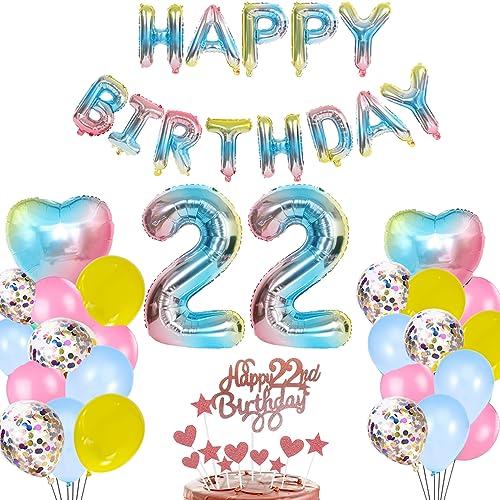 22. Geburtstag Deko Blau Regenbogen für Mädchen Frau Mann ,Herz Zahl Folienballon Happy Birthday Banner Luftballon Konfetti Ballons Tortendeko Kuchendeko Geschenk für 22 Jahre Kinder Party Dekoration von zooting