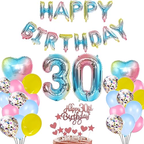30. Geburtstag Deko Blau Regenbogen für Mädchen Frau Mann,Herz Zahl Folienballon Happy Birthday Banner Luftballon Konfetti Ballons Tortendeko Kuchendeko Geschenk für 30 Jahre Kinder Party Dekoration von zooting