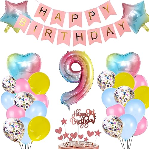 9. Geburtstag Deko Rosa Regenbogen für Mädchen, Stern Herz Zahl Folienballons Happy Birthday Banner Luftballon Konfetti Ballons Kuchendeko Geschenk für 9 Jahre Baby Kinder Tochter Party Dekoration von zooting