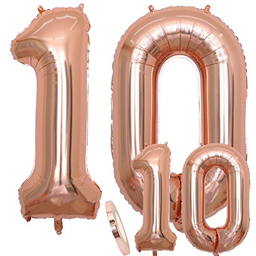 Luftballons Zahl 10 Geburtstag XXL Rose Gold - Riesen Folienballon in 2 Größen 40" & 16" | Set XXL 100cm + Mini 40cm Version Geburtstagsdeko | Insgesamt Vier Zahlen | Ideal zum 10. als Deko von zooting