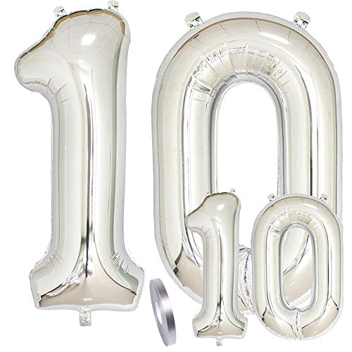 Luftballons Zahl 10 Geburtstag XXL Silber - Riesen Folienballon Figuren in 2 Größen 40" & 16" | Set XXL 100cm + Mini 40cm Version Geburtstagsdeko | Vier Zahlen | Ideal zum 10. als Deko von zooting