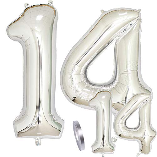 Luftballons Zahl 14 Geburtstag XXL Silber - Riesen Folienballon Figuren in 2 Größen 40" & 16" | Set XXL 100cm + Mini 40cm Version Geburtstagsdeko | Vier Zahlen | Ideal zum 14. als Deko von zooting
