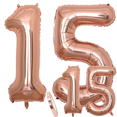 Luftballons Zahl 15 Geburtstag XXL Rose Gold - Riesen Folienballon in 2 Größen 40" & 16" | Set XXL 100cm + Mini 40cm Version Geburtstagsdeko | Insgesamt Vier Zahlen | Ideal zum 15. als Deko von zooting