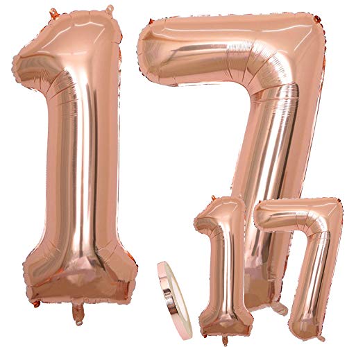 Luftballons Zahl 17 Geburtstag XXL Rose Gold - Riesen Folienballon in 2 Größen 40" & 16" | Set XXL 100cm + Mini 40cm Version Geburtstagsdeko | Insgesamt Vier Zahlen | Ideal zum 17. als Deko von zooting