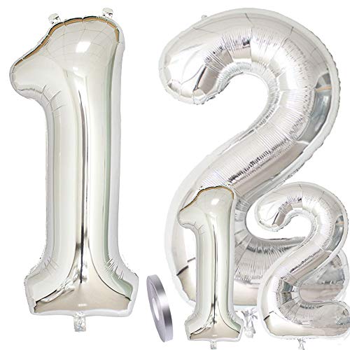 Luftballons Zahl 12 Geburtstag XXL Silber - Riesen Folienballon Figuren in 2 Größen 40" & 16" | Set XXL 100cm + Mini 40cm Version Geburtstagsdeko | Vier Zahlen | Ideal zum 12. als Deko von zooting