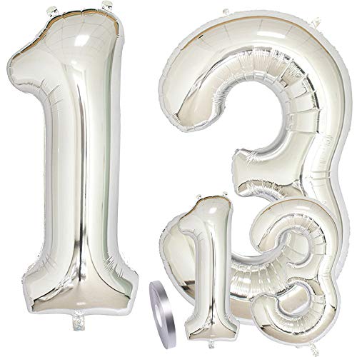 Luftballons Zahl 13 Geburtstag XXL Silber - Riesen Folienballon Figuren in 2 Größen 40" & 16" | Set XXL 100cm + Mini 40cm Version Geburtstagsdeko | Vier Zahlen | Ideal zum 13. als Deko von zooting