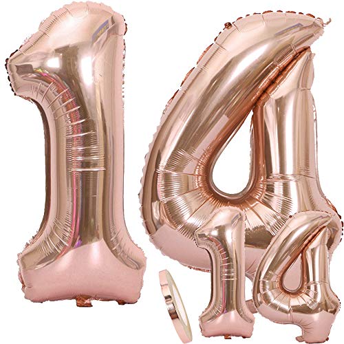 Luftballons Zahl 14 Geburtstag XXL Rose Gold - Riesen Folienballon in 2 Größen 40" & 16" | Set XXL 100cm + Mini 40cm Version Geburtstagsdeko | Insgesamt Vier Zahlen | Ideal zum 14. als Deko von zooting