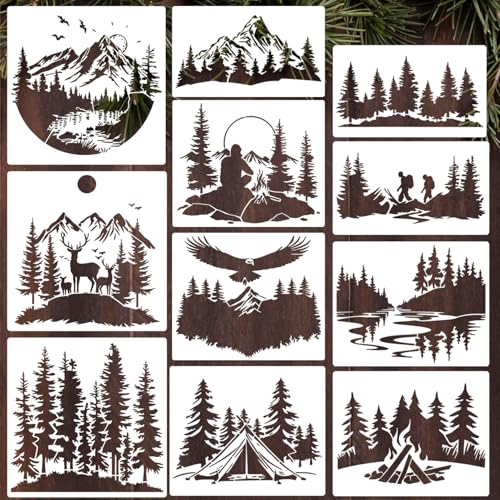 zosylley Wald- und Berglandschaft-Schablonen, 30,5 cm, wiederverwendbar, für Holz, T-Shirt, Stoff, DIY Handwerk von zosylley