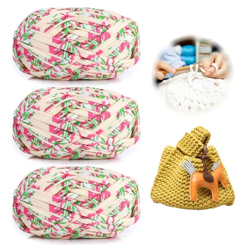 3 Stück 300g/96m T-Shirt-Garn,Durchmesser 20mm,textilgarn,baumwollgarn Zum Häkeln, Strickgarn, Stoff, Häkelgarn für Summer Hand DIY Tasche Decke Kissen Häkelprojekte (BQ) von zoufabaola