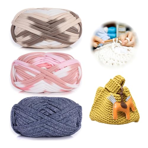 3 Stück 300g/96m T-Shirt-Garn,Durchmesser 20mm,textilgarn,baumwollgarn Zum Häkeln, Strickgarn, Stoff, Häkelgarn für Summer Hand DIY Tasche Decke Kissen Häkelprojekte (EM) von zoufabaola
