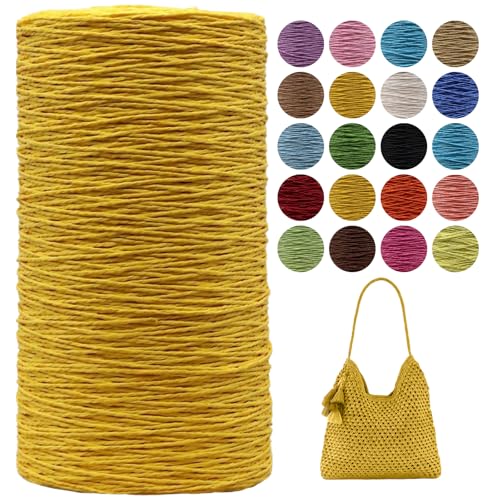 Raffia Garn Zum Häkeln,Geflochten Raffia Papierdraht 2mm X 700m Papiergarn Geschenkbänder, Bändchengarn zum Stricken Tasche, Strandmütze, DIY Handarbeiten (Gelb-A) von zoufabaola