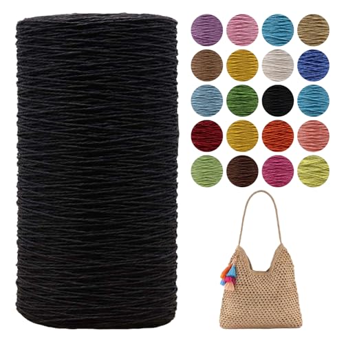 Raffia Garn Zum Häkeln,Geflochten Raffia Papierdraht 2mm X 700m Papiergarn Geschenkbänder, Bändchengarn zum Stricken Tasche, Strandmütze, DIY Handarbeiten (Schwarz) von zoufabaola