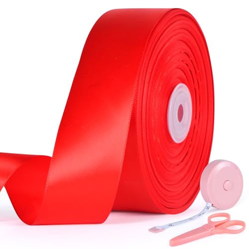 Satinband, 3,8 cm x 45,7 m, breites festes Stoffband für Geschenkverpackungen, Hochzeiten, Party-Dekorationen, Haarschleifen, Stuhlschärpe, Basteln – inklusive 1 Maßband und 1 Schere (rot) von zqanve