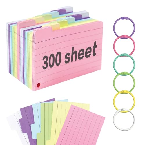 300pcs Karteikarten,Karteikarten Vokabelkarten Mit Bindering，3.3 * 4.9inch Karteikarten Liniert Index Cards Mit Ring Zum Lernen Für Schule BüRo、Haus（6 Farbe） von ztowoto