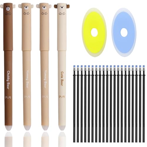 zurabini Löschbarer Gelstift, Süße Cartoon Gelstifte, 0,5 mm Radierbar Stifte Set, 4 Gelschreiber Llöschbar mit 20 Nachfüllungen und 2 Radiergummi, für Kinder, Studenten, Schreibwaren (Schwarz) von zurabini