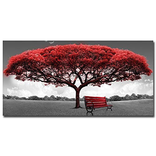 Wall Art Roter Baum und Stuhl Landschaft Ölgemälde auf Leinwand Poster und Drucke Skandinavisches Bild für Wohnzimmer Cuadros 50x120cm/19.6"x47.2" ohne Rahmen - 10 von zxiany