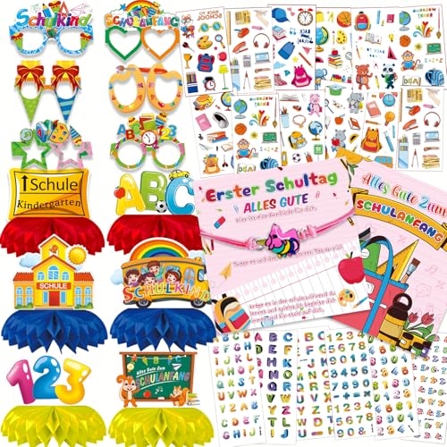 36 Stück Jungen Einschulung Party Geschenk Set, Fußball Armbänder, Tattoo Aufkleber, Honigwabe Mittelstücke, Dekoration von Papiergläsern, 3D Aufkleber, Schulanfang Geschenkideen Set (KXJMädchen) von zycBernoi