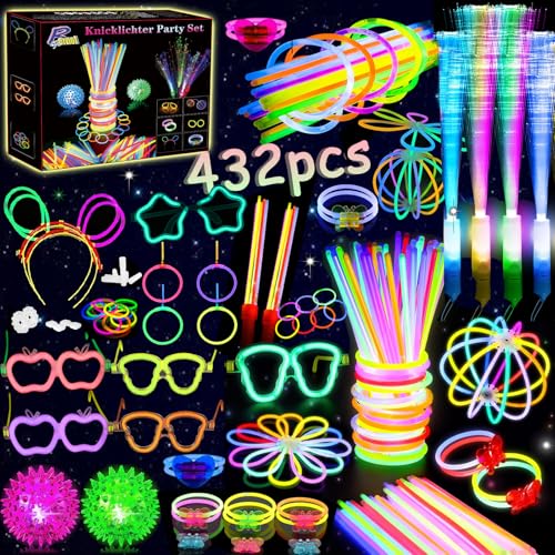 zycBernoi 432 Stück Knicklichter Party Set, LED Leuchtstab Glasfzaser mit 200 Verbinder, LED Igelball, Leuchtstäbe, Brille, Armreif, Leuchtspielzeug für Kinder Erwachsene Party Deko von zycBernoi