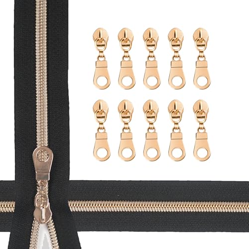 Zynzaoacs #5 Reißverschluss mit Ziehen, durchgehendes schwarzes Klebeband (4,5 m) und rostfreie rotgoldene Griffe (10 Stück), Großpack-Reißverschlüsse zum Nähen von Taschen und Geldbörsen von zynzaoacs