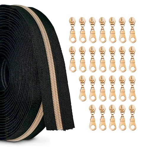 Zynzaoacs #5 Reißverschluss mit Ziehen, durchgehendes schwarzes Klebeband (9,1 m) und rostfreie rotgoldene Griffe (25 Stück), Großpack-Reißverschlüsse zum Nähen von Taschen und Geldbörsen von zynzaoacs