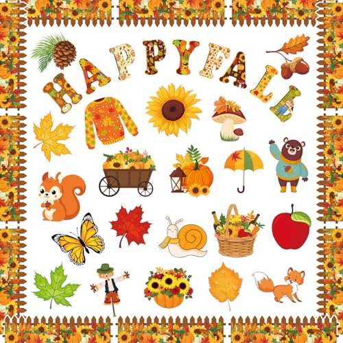 80 HAPPY FALL Deko Set für Pinnwände mit Ahornblättern, Kürbissen und Wandkarten (keine Aufkleber) für Klassenzimmer. Inklusive DS Klebequadrate zur einfachen Befestigung, ideal für Schüler und Lehrer von zzmorni