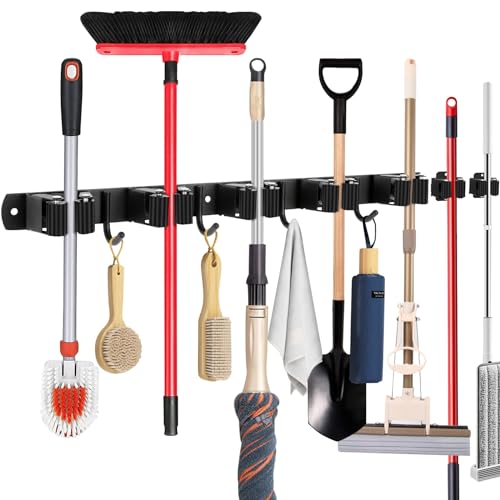 zzolee Besenhalterung Wand, Gerätehalter Edelstahl Wand, Besenhalter Gartengerätehalter Selbstklebend mit 5 Halter und 4 Haken Plus 2 unabhängige Halter für Zuhause, Küche, Badezimmer, Garage, Garten von zzolee